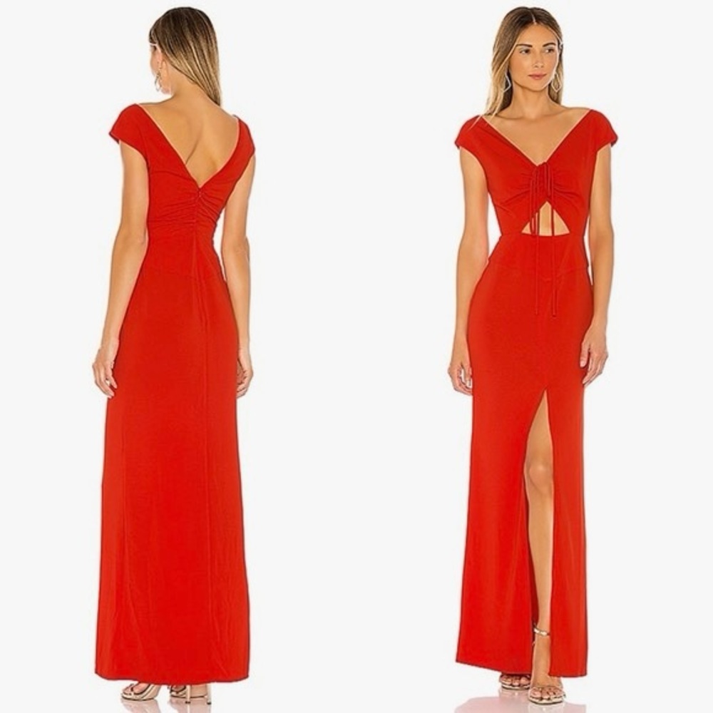 Lovers + Friends Camila Flame Scarlet Crepe Ruched Maxi Gown